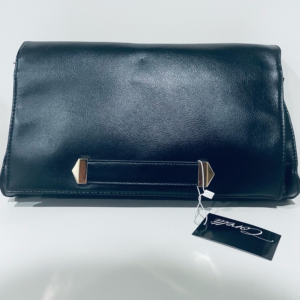 CORELLI | Black cute clutch with gold detail and long leather removable strap - Picture 1 of 8